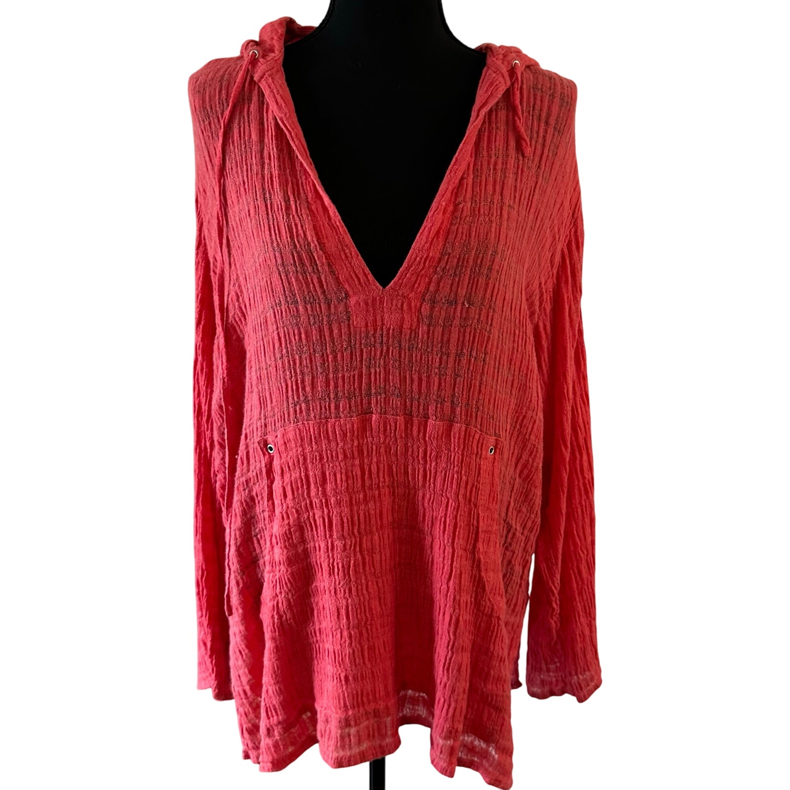 Chicoâs Crinkle Linen Hooded Pullover - Size 3 - Coral